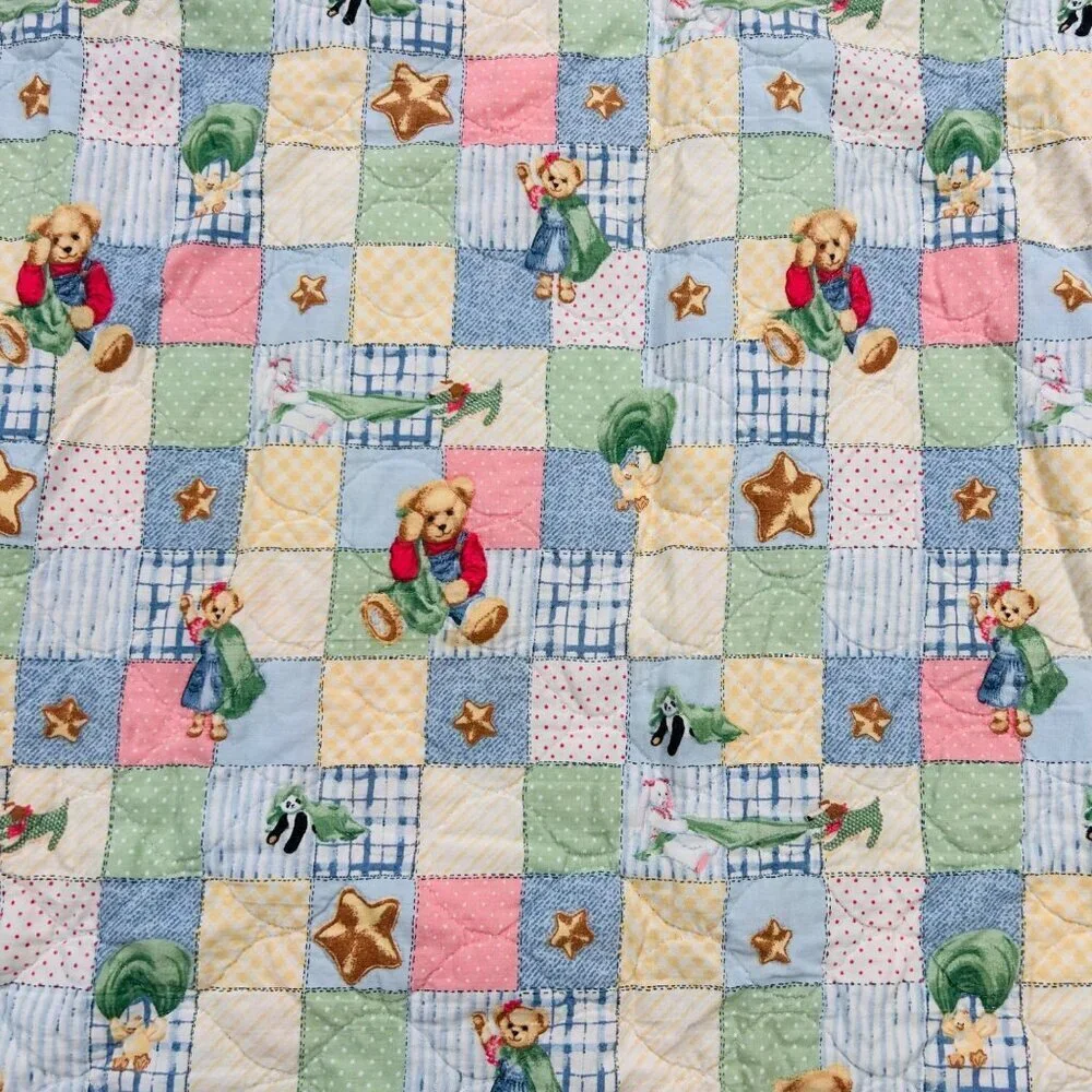 Vtg Blue Jean Teddy Bear Collection Baby Quilt Bedroom Collectible